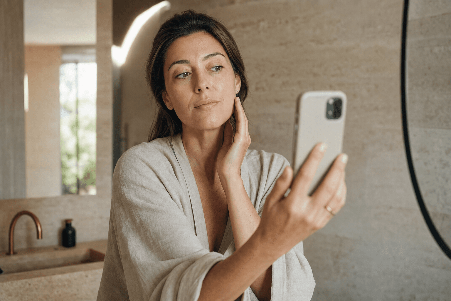 Donna adulta che usa lo smartphone durante la routine mattutina davanti allo specchio