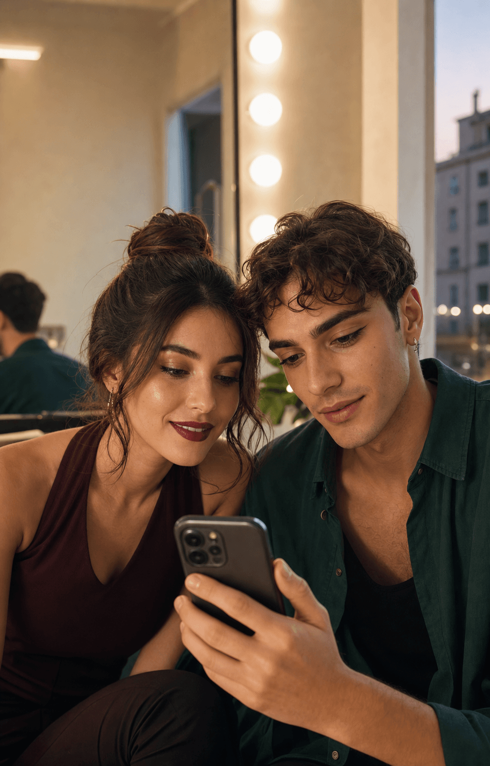 Una giovane donna e un giovane uomo scelgono insieme un look sullo smartphone