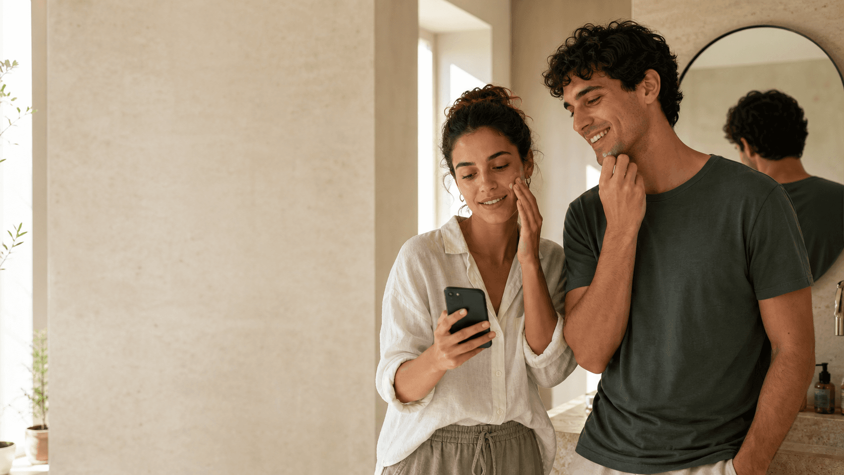 Una giovane donna e un giovane uomo preparano insieme la propria routine con lo smartphone